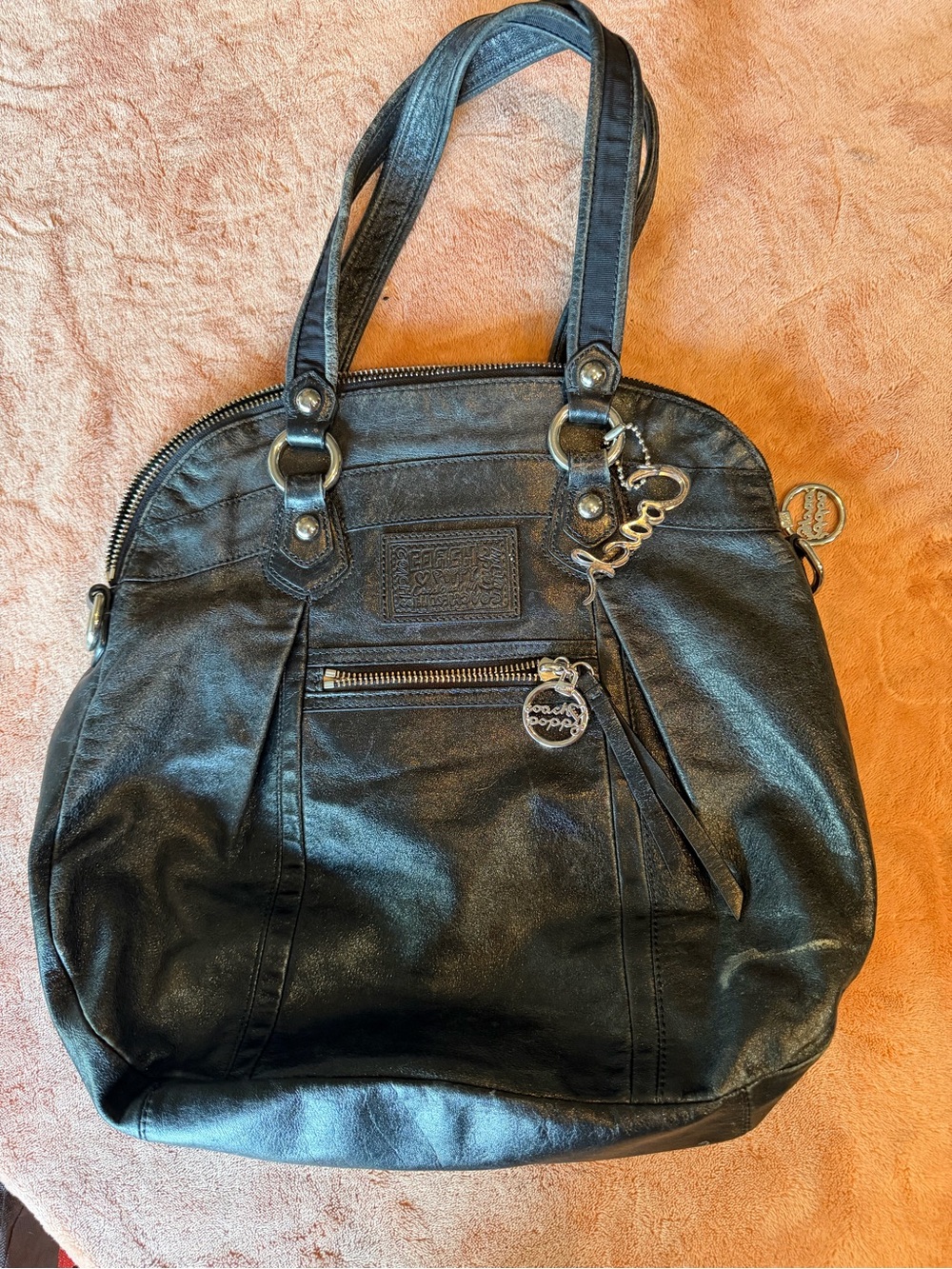 Coach Black Leather Shoulder Bag with Silver-Tone Charm